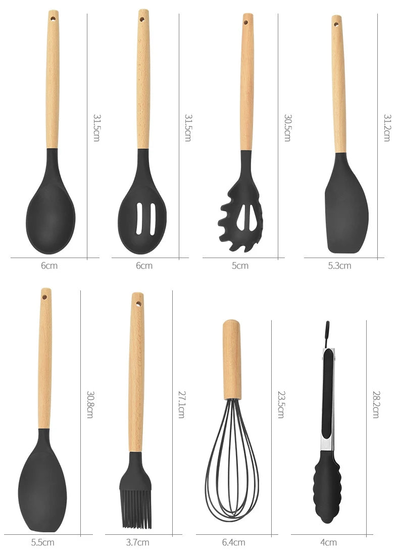 Kit C/12 Utensílios De Cozinha Silicone Cabo Madeira