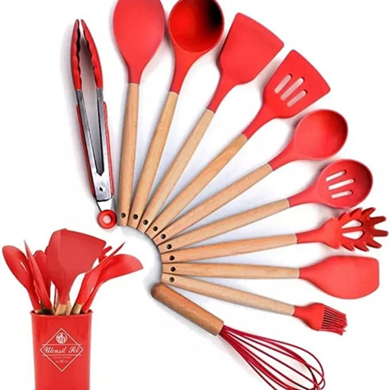 Kit C/12 Utensílios De Cozinha Silicone Cabo Madeira