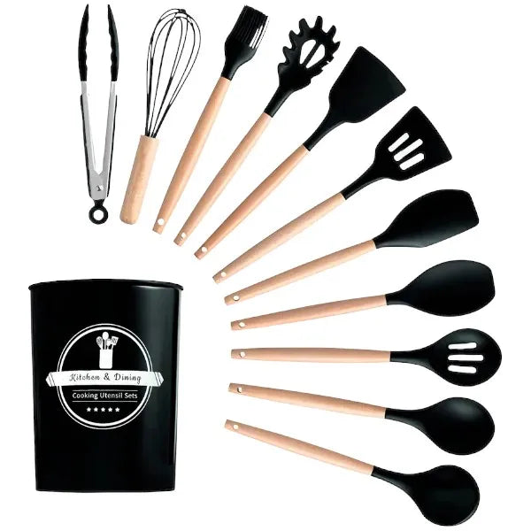 Kit C/12 Utensílios De Cozinha Silicone Cabo Madeira